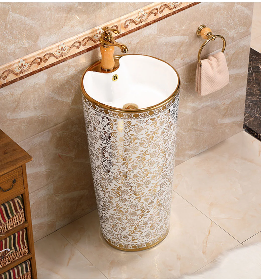 European-Style Golden Washbasin One-Piece Ceramic Pedestal Washbasin Floor-Standing Washbasin