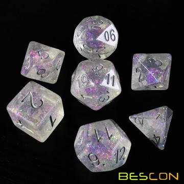 Bescon Shimmery Dice Set Silver-Purple, RPG Set de 7 dados en caja de ladrillo