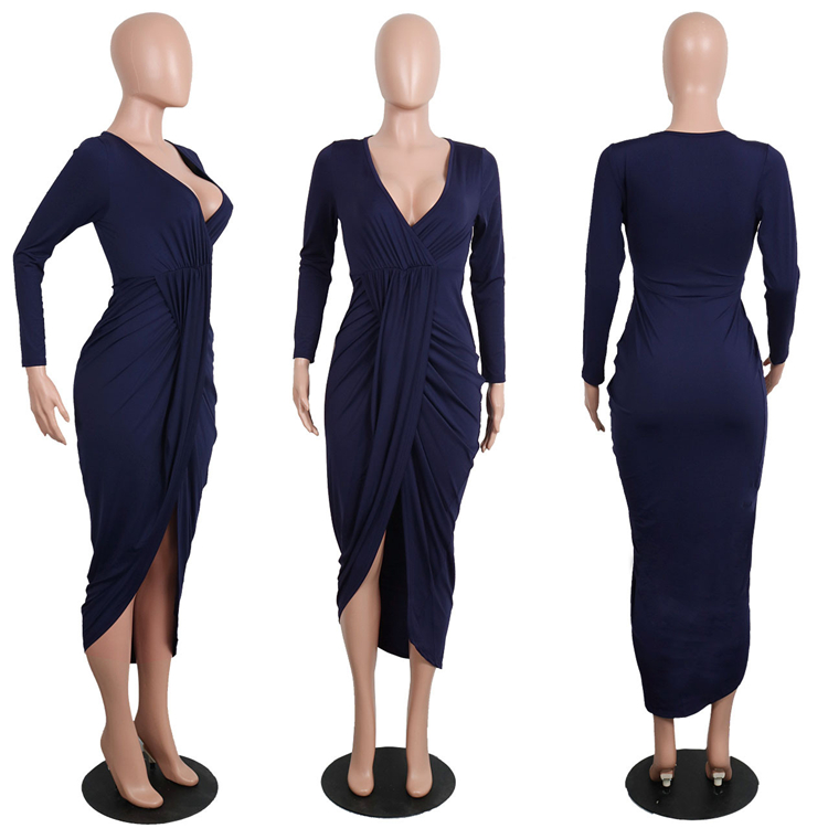 C3908 Women sexy long dress V neck solid color ruffles women dress spring wholesale women clothing fashionable`