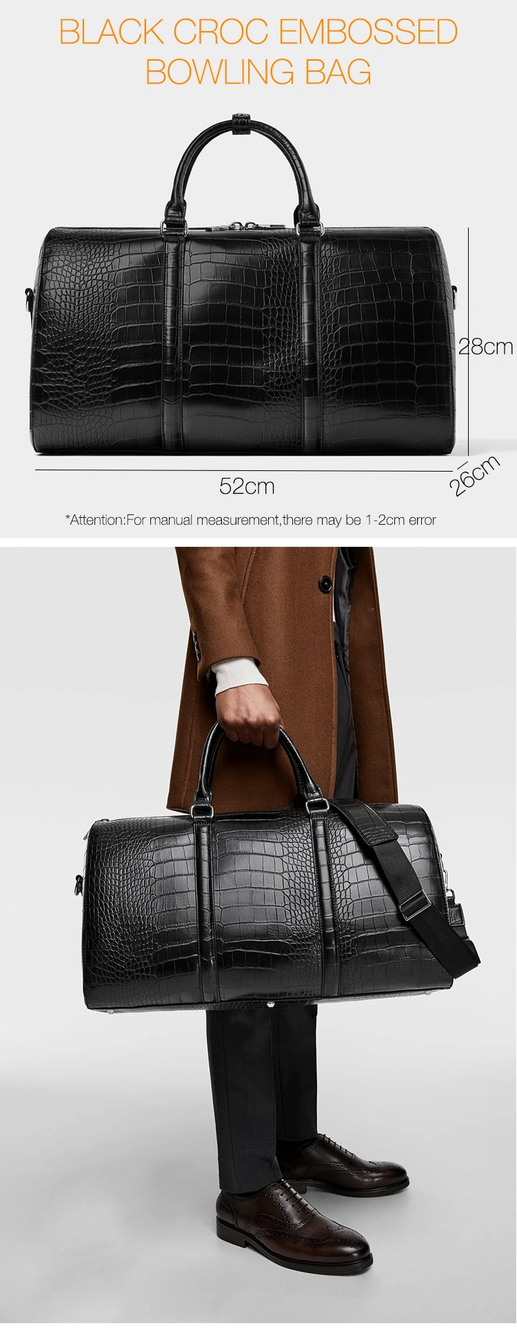 Custom Logo Black Crocodile PU Leather Travel Outdoor Weekender Duffle Luggage Bag for Man