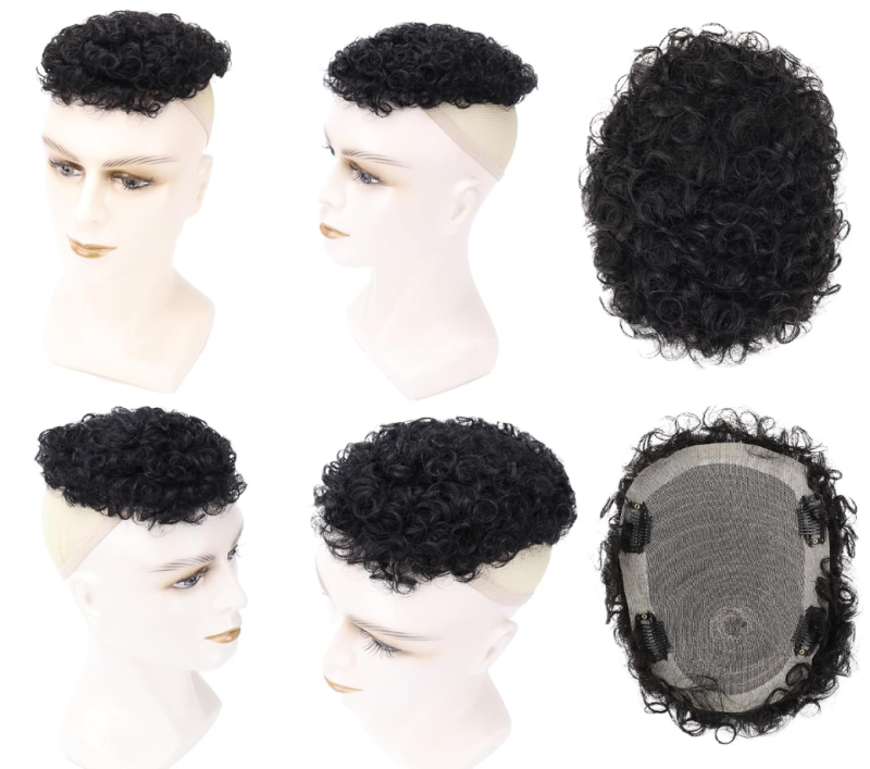 Men's Black Short Curly Human Hair Toupee Wig