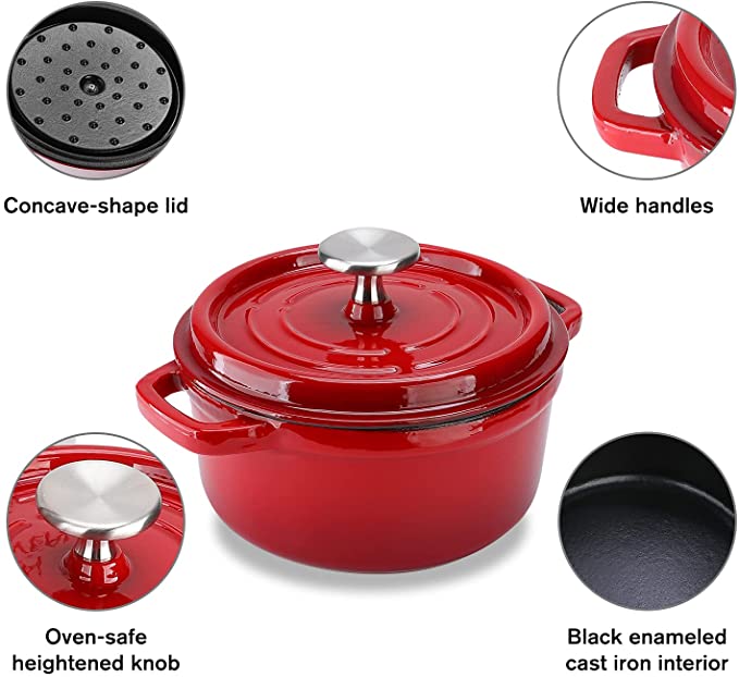 Enameled Cast Iron Dutch Oven Non Stick Bread Baking Pot With Lid Suitable For Bread Baking Use On Gas Electric Oven Red