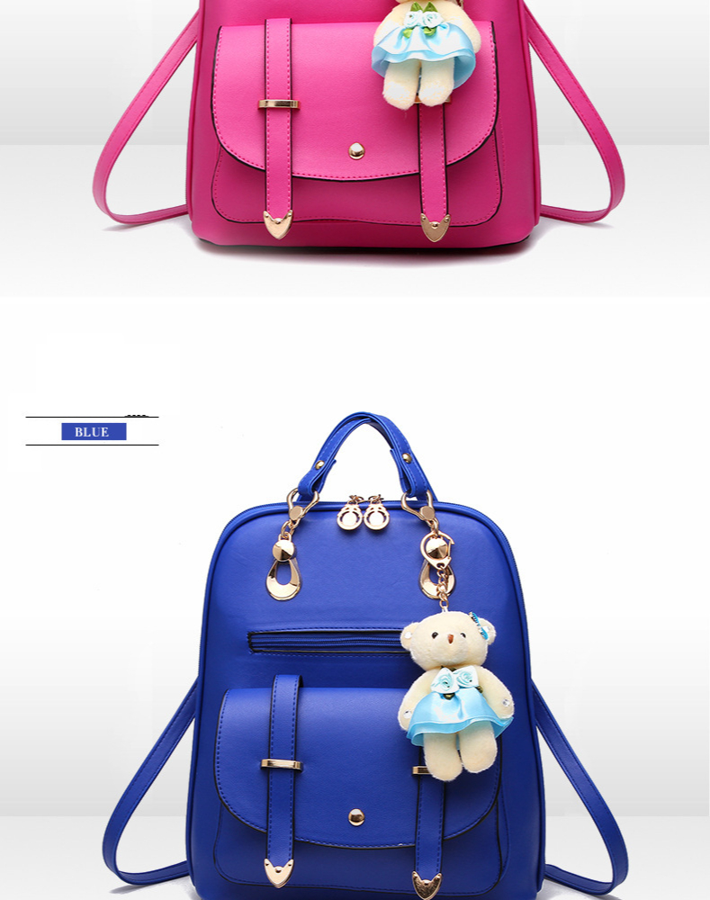 Fashion Backpack PU Leather Women Girls Bear Pendant Backpack Purse Shoulder Satchel Top-Handle Bags