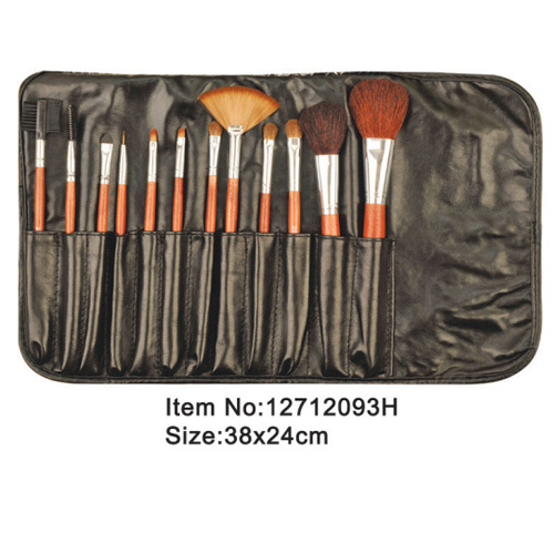 12pcs orange plastic handle animal/nylon hair makeup brush tool set with black satin case