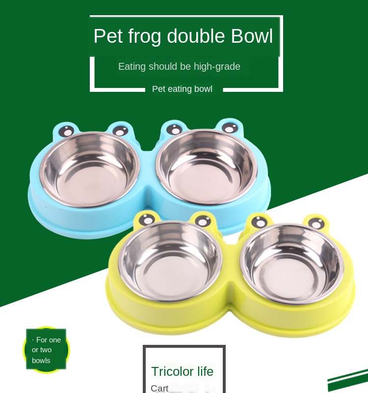 Pet Bowl Feeder Stainless Steel Dog Two-in-one Cartoon Frog Non-slip Pet Double