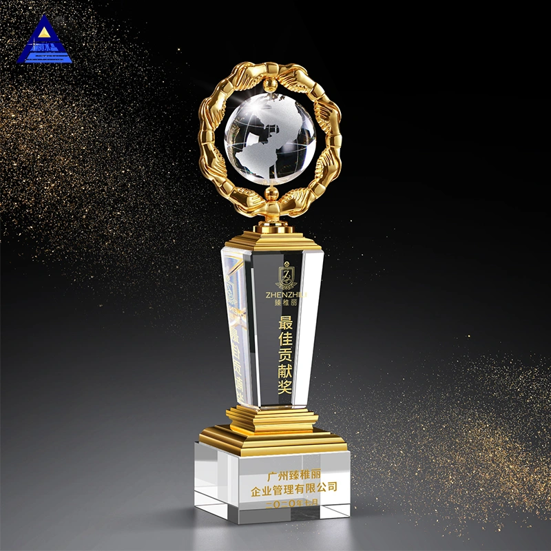 High Quality Glass Crystal Metal Globe Ball Crystal Trophy Award