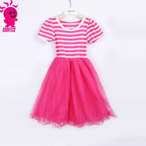 Hot sale girl's dress, girls hot pink stripe short sleeve dress