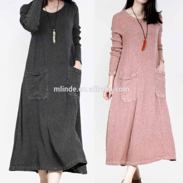Women Linen Dress Round collar Long Sleeve Comfortalbe Pocket Plus Size Women Maxi Linen Dresses