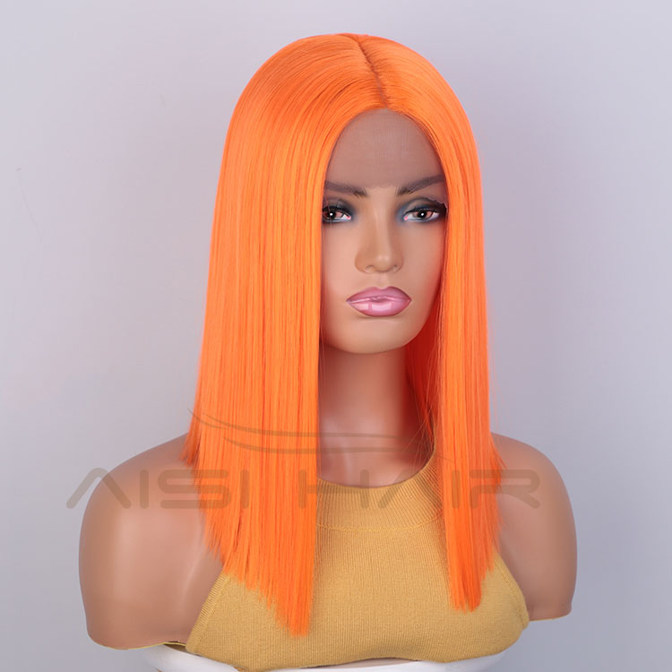 Aisi Hair Medium Long 16 Inch Cosplay Orange Wig Swiss Lace Wig Silky Straight Synthetic Lace Frontal Hair Wigs For Black Women