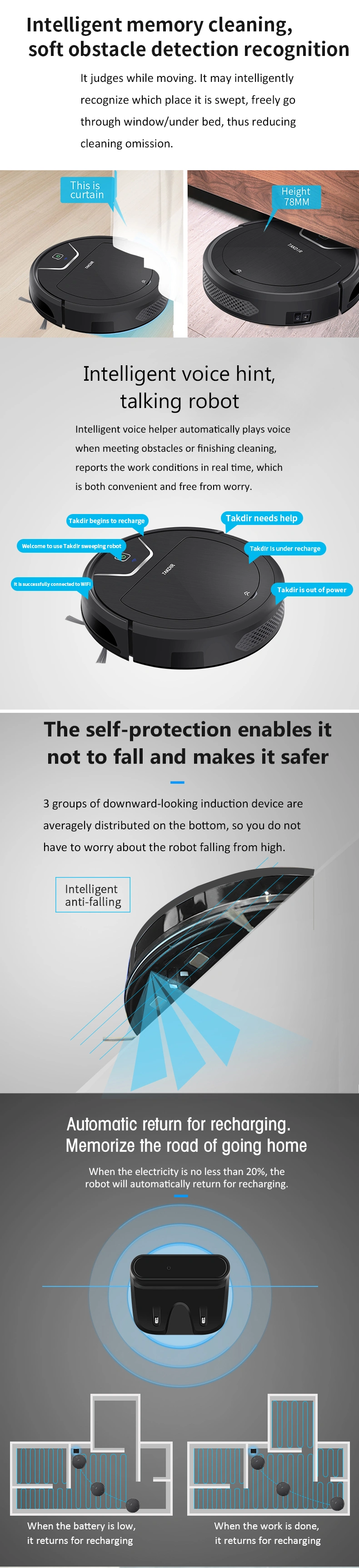 Best Home Intelligent Robotic Vacuum Cleaner and Mop with 2000PA Strong Suction Power