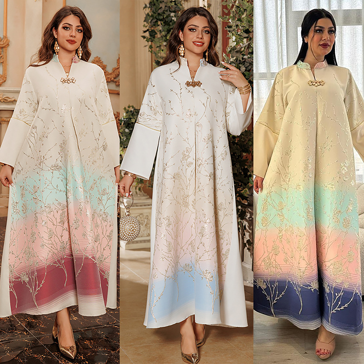 شیب گلدوزی جزئیات لباس مسلمان Gradient Embroidery Muslim Dress with floral embroidered details