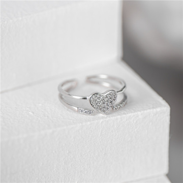 925 Sterling Silver Double Layer CZ Heart Open Ring