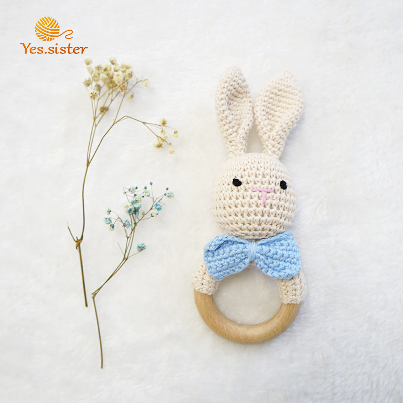 Crochet Bunny Rattle Wooden Baby Teether