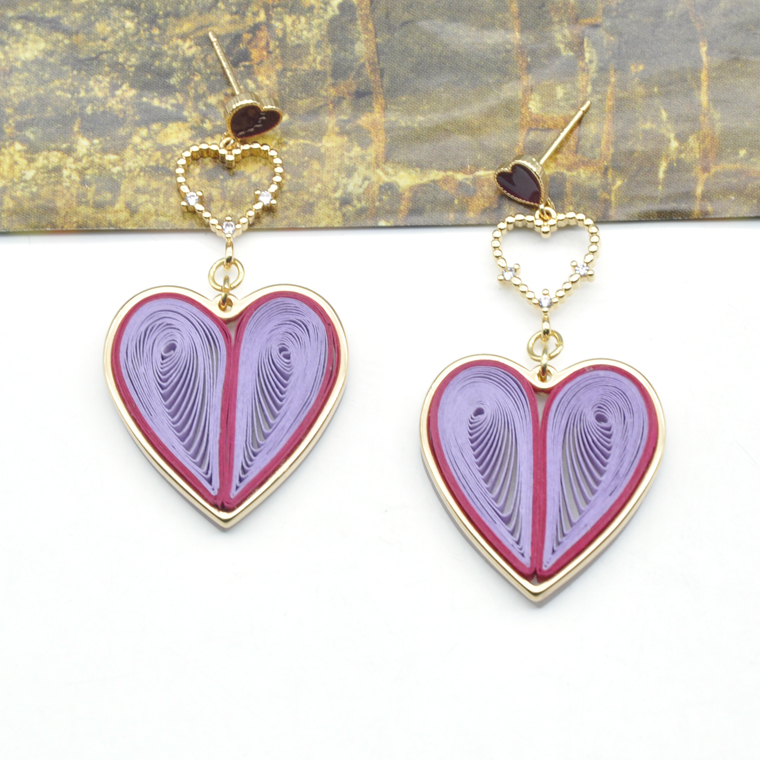 Newest design china fold paper art ear jewelry for women stylish gold heart earrings