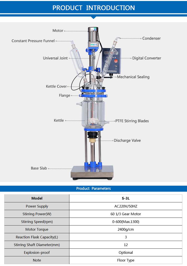  Energy-Saving distiller Glass Chemical Reactor price 3L