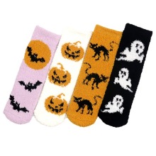 Halloween Coral Velvet Floor Socks with Horror Ghost Bat Pattern - Thickened Nonslip Fluffy Socks