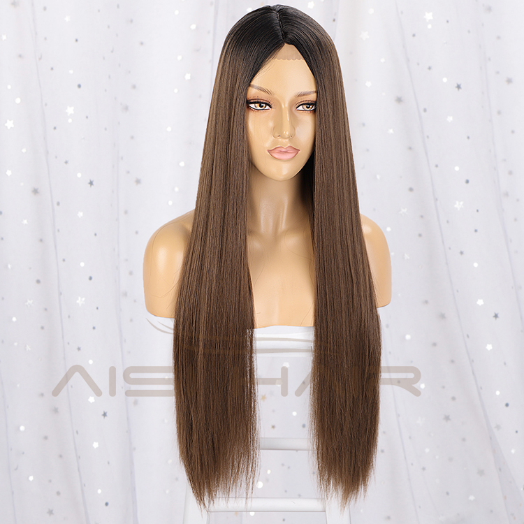 Aisi Hair 26 Inch Long Silky Straight Swiss Lace Wig Wholesale Middle Part Ombre Brown Synthetic Hair Wigs For Black Women