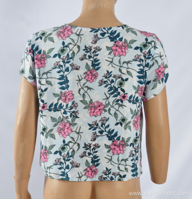 Woman's V-Neck Short-Sleeved Rayon Printed Blouse