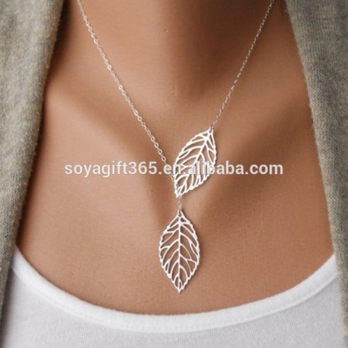 Simple Hollow Double Leaves Pendant Necklace Clavicle Chain Charm Jewelry