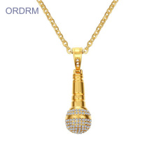 Mens Hip Hop Crystal Microphone Gold Pendant Necklace