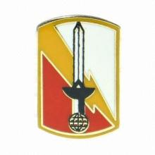 Die struck brass pin, soft cloisonne with silk printing, gold plating