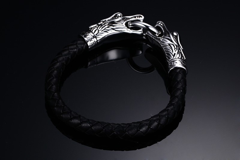 Mens Double Dragon Head Charms Hook Leather Bracelet