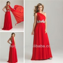 red chiffon one shoulder party wear long dresses