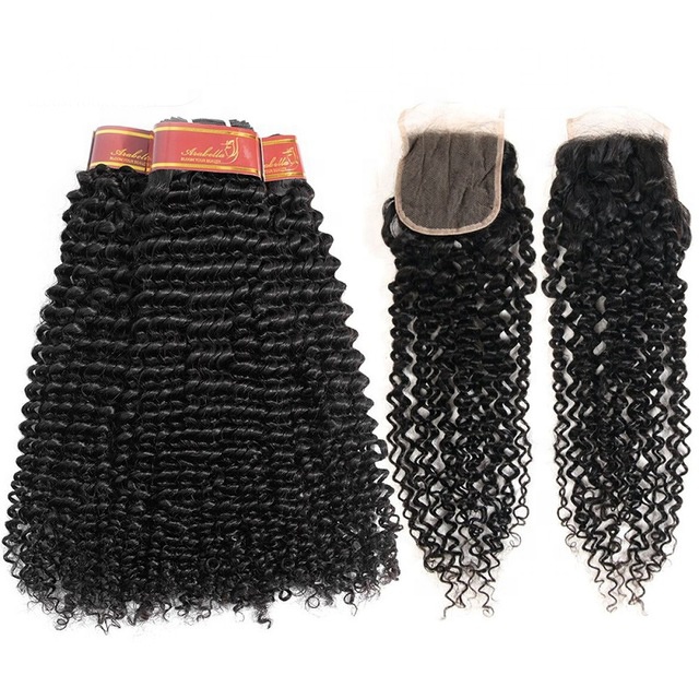 Mongolian Kinky Curly Human Hair Bundles Weaves With Closure Cuticle Aligned Hair