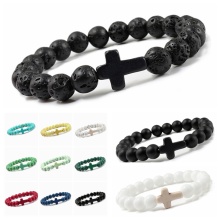 Fashion Religion Cross Beads Bracelet Men Women 8mm Natural Stone Healing Tiger Eye & Black Matte Agate Elastic Stretch Bangle