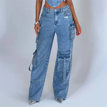 2024 Summer New Multi-Pocket Cargo Pants Set - Women's Loose Fit Denim Cargo Pants