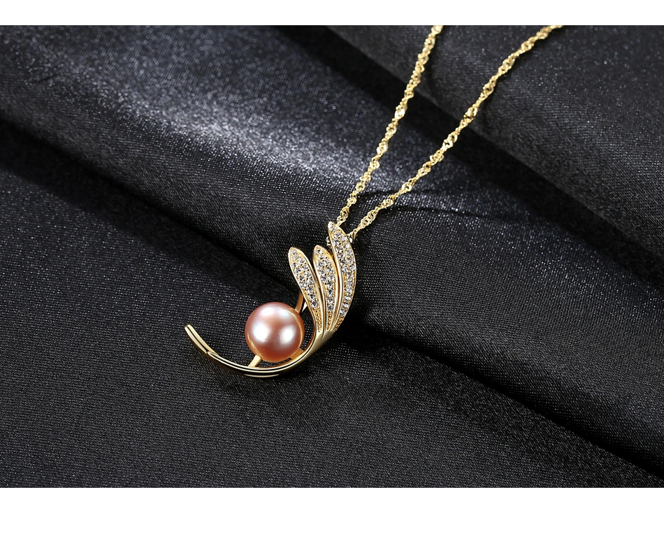 Charm CZ Feather Shape Sterling Silver Pretty Freshwater Pearl Pendant Necklaces