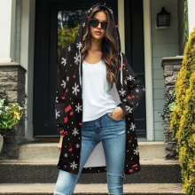 Winter Snowflake Print Zip Up Cardigan with Side Pockets