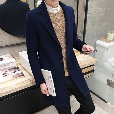 Men's Hong Kong Style Slim MID-Length Woolen Woolen Jacket