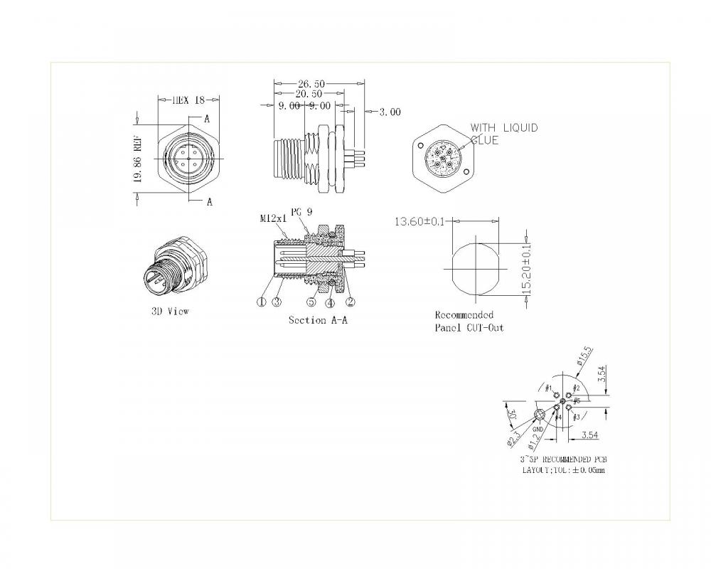 M12 3-5P LELAKI LELAKI PG9 D-CODE UNSHIELDED