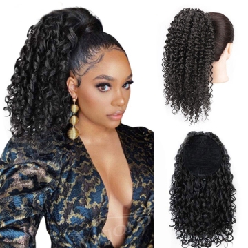 Vigorous long loose wave natural  curly  clip in wrap around drawstring puff high ponytail hai extensions synthetic