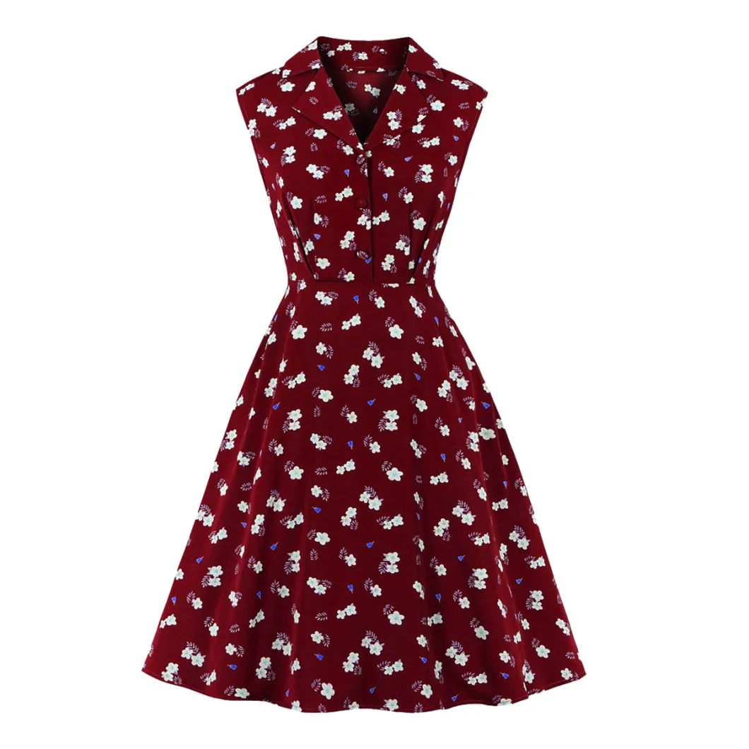 Women Summer New Lapel MID-Length Skirt Floral Sleeveless Dress