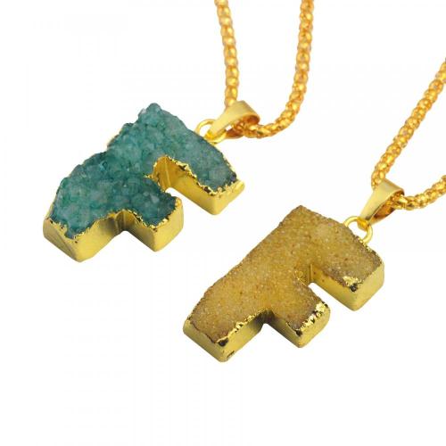 Real Natural Druzy Crystal Alphabet Letter F Pendants Plated Gold