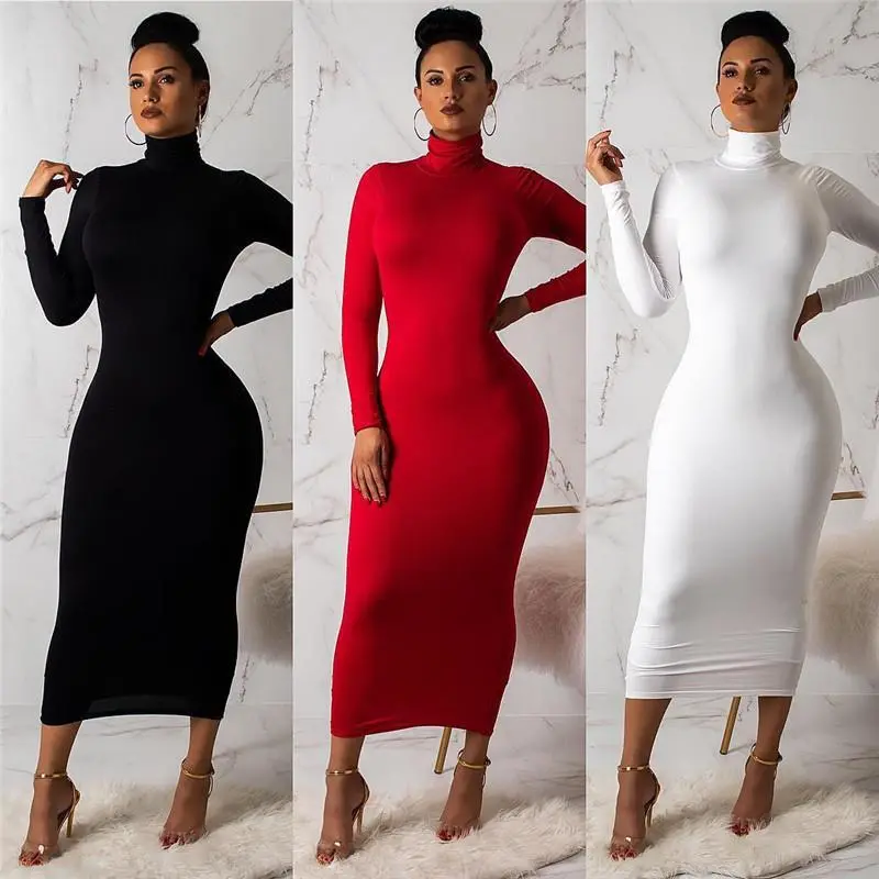 New Season Design Fall Solid Color High Neck Long Sleeve Long Skirt Tight Fitting Warm Fashion Ladies Bodycon Maxi Party Dresses