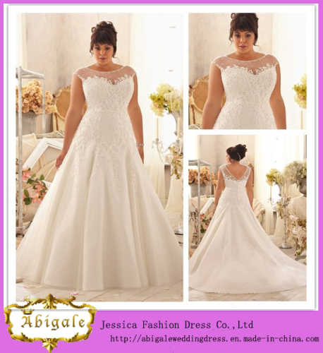 2014 Best Selling Elegant White A Line Boat Neck Button Back Floor Length Lace Bodice Super Plus Size Wedding Dresses (MN1469)