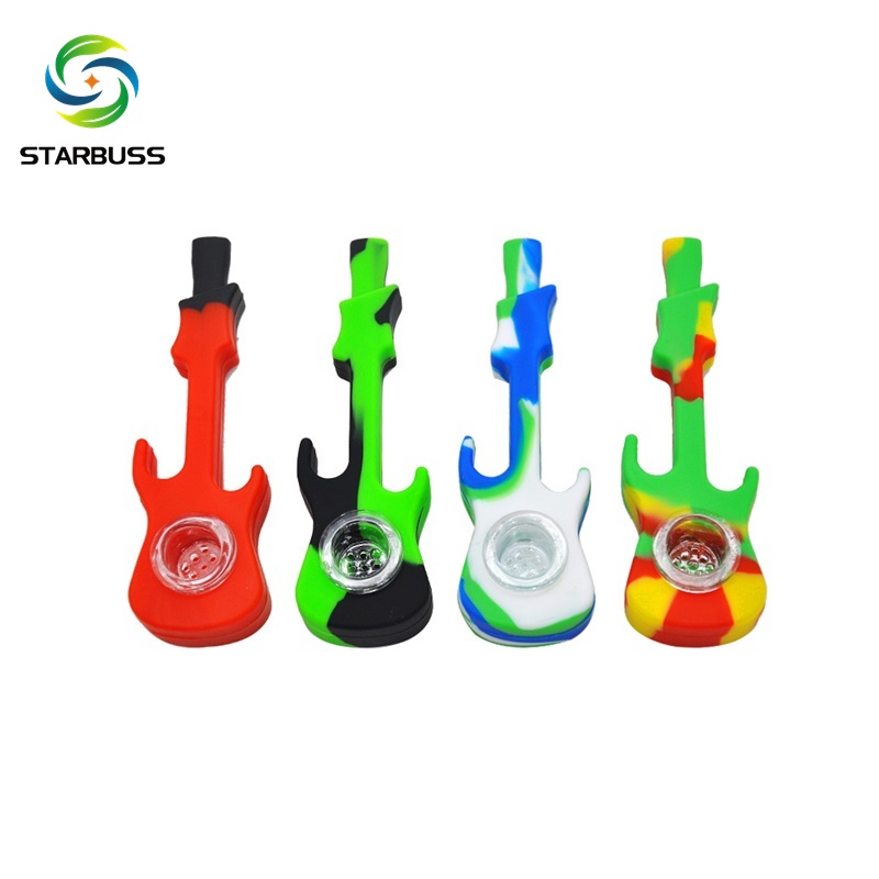 Guitar shape design silicone weed smoking pipe tobacco colorful weed pipe with glass bowl smoking accessories