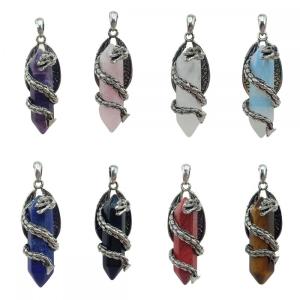 Gemstone Double Hexagonal Prism enveloppé Silver Dragon Stone Pendant Vintage Crystal Dragon Charm Pendants