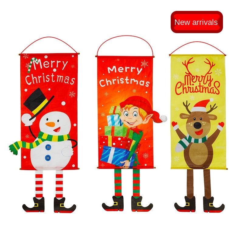 Christmas Flag Elf Snowman Cloth Hanging Cartoon Canvas Window Wall Decoration Supplies Scroll Pull Flag