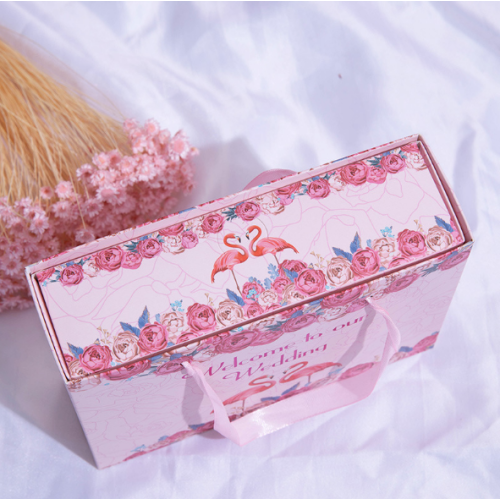 Caja de regalo plegable rosada del cajón con la manija de la cinta