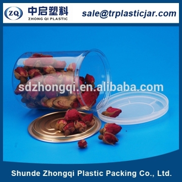 Free sample round shape 250ml plastic pet food grade easy open clear candy tin can