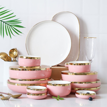 Luxury Pink and White Ceramic Dinnerware Sets with Gold Rim