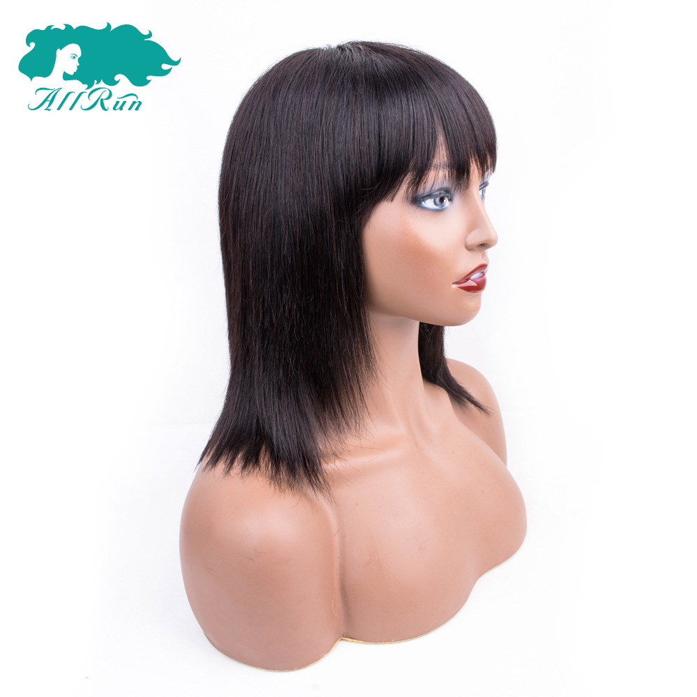 Soft And Cheap Machine 10A Nature Color Straight Wigs With Bang 12 Inch Brazilian Hair Wholesale In Stock,100% Human Hair