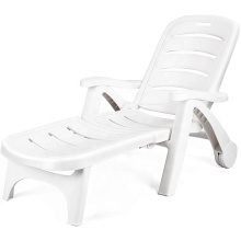 Adjustable White Plastic Foldable Beach Chaise Lounge Chair with Armrests