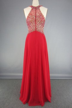 Long Chiffon Halter Neck Beaded Evening Gown