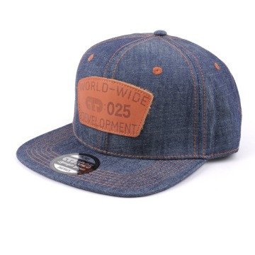 Denim Jean Leather Patch Flat Brim Hat