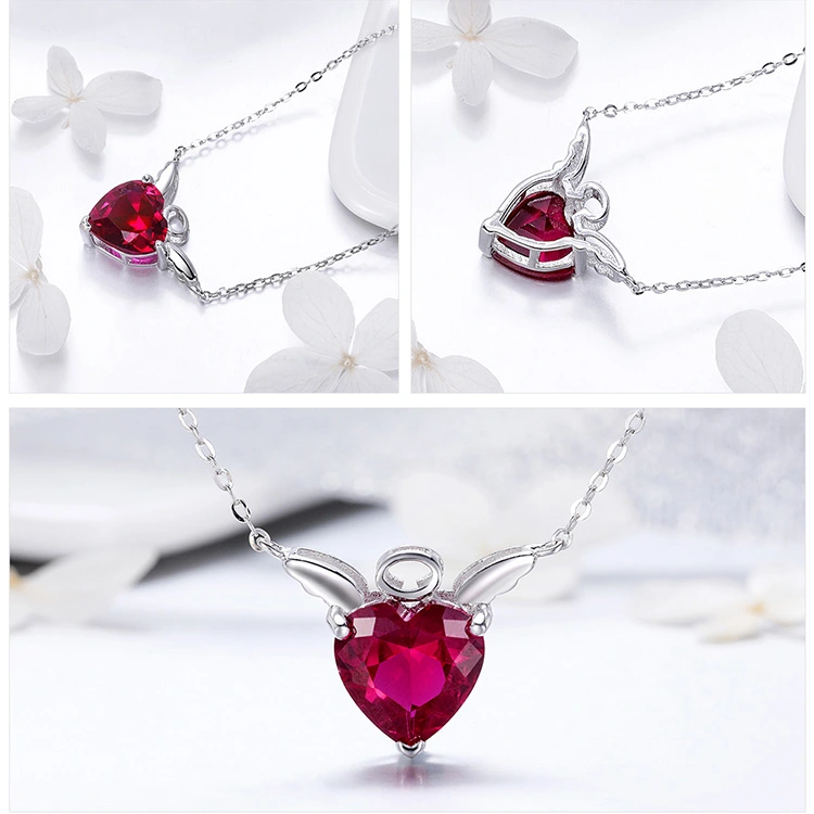 Woman Jewelry Angel Wings Red Cubic Zirconia Silver Necklace